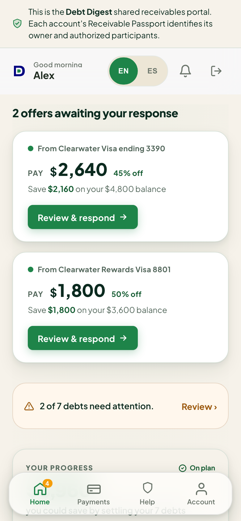 Debt Digest consumer portal on a phone, showing two settlement offers awaiting a response on illustrative sample data