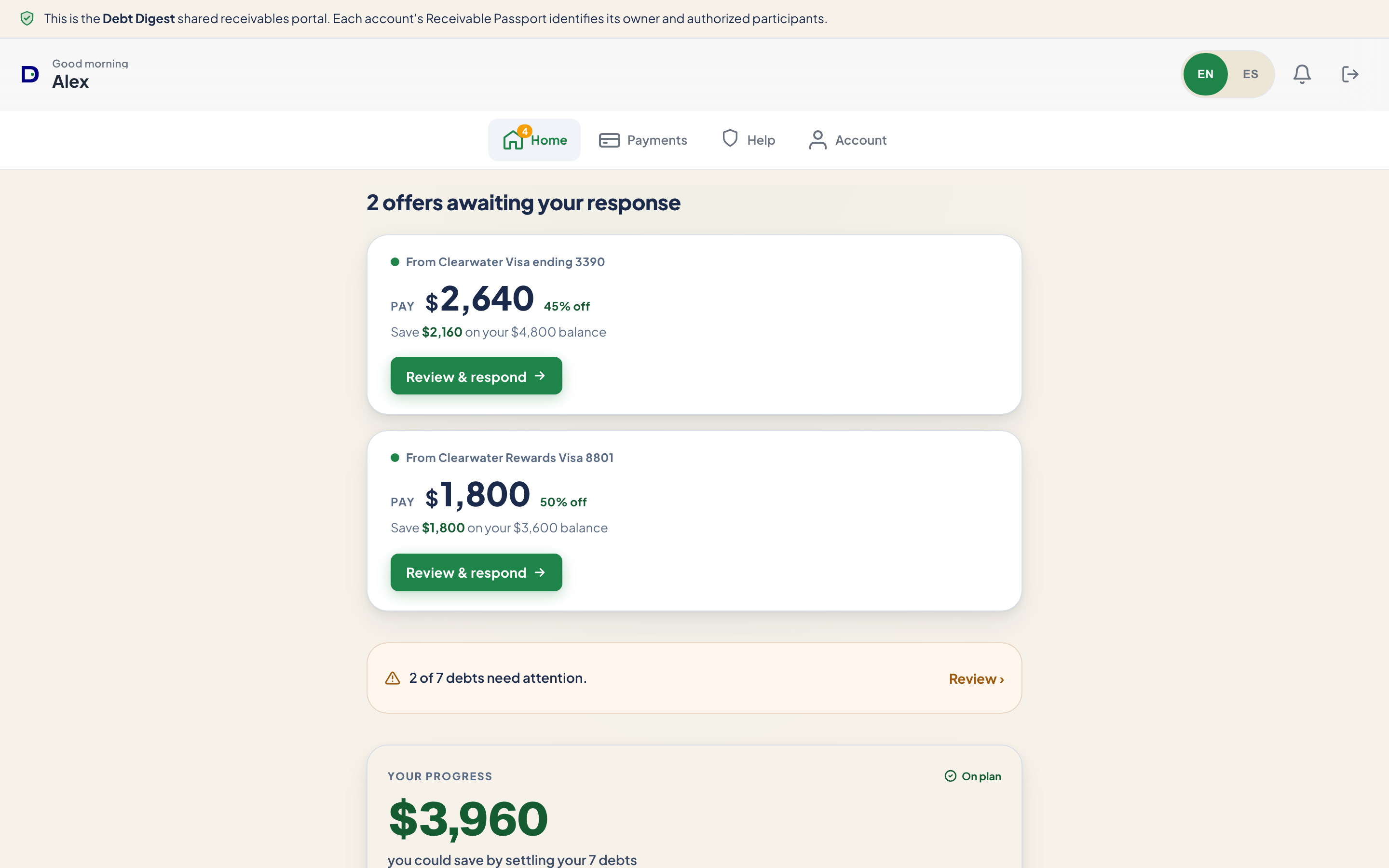 A consumer offer card showing the amount to pay and the savings, with a review and respond button, on illustrative sample data