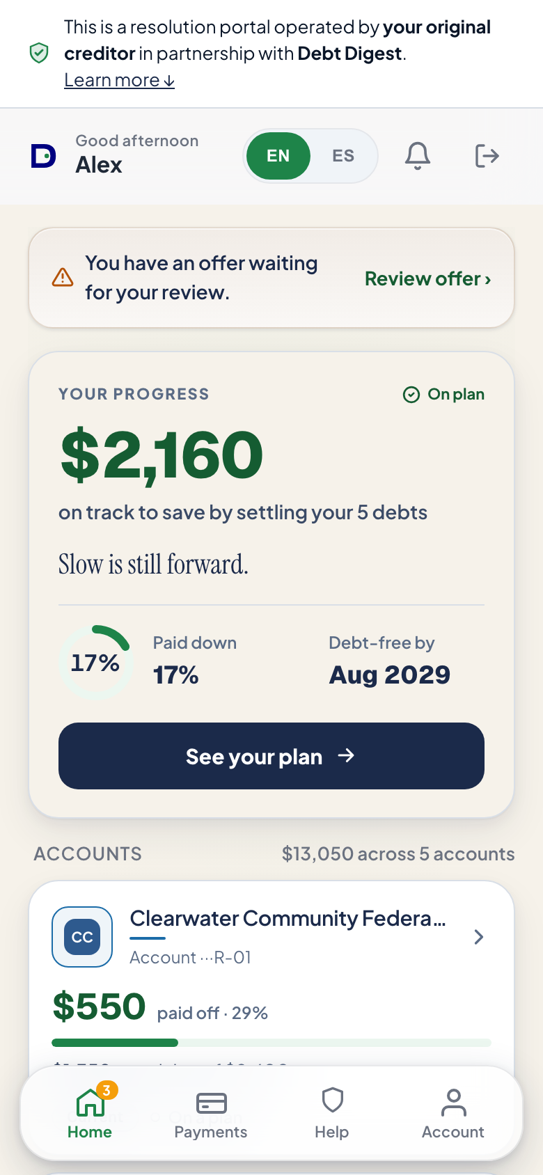 The consumer portal themed for a fictional credit union, Cascade Mountain FCU: same product, the credit union's brand on the payment button, no Debt Digest badge